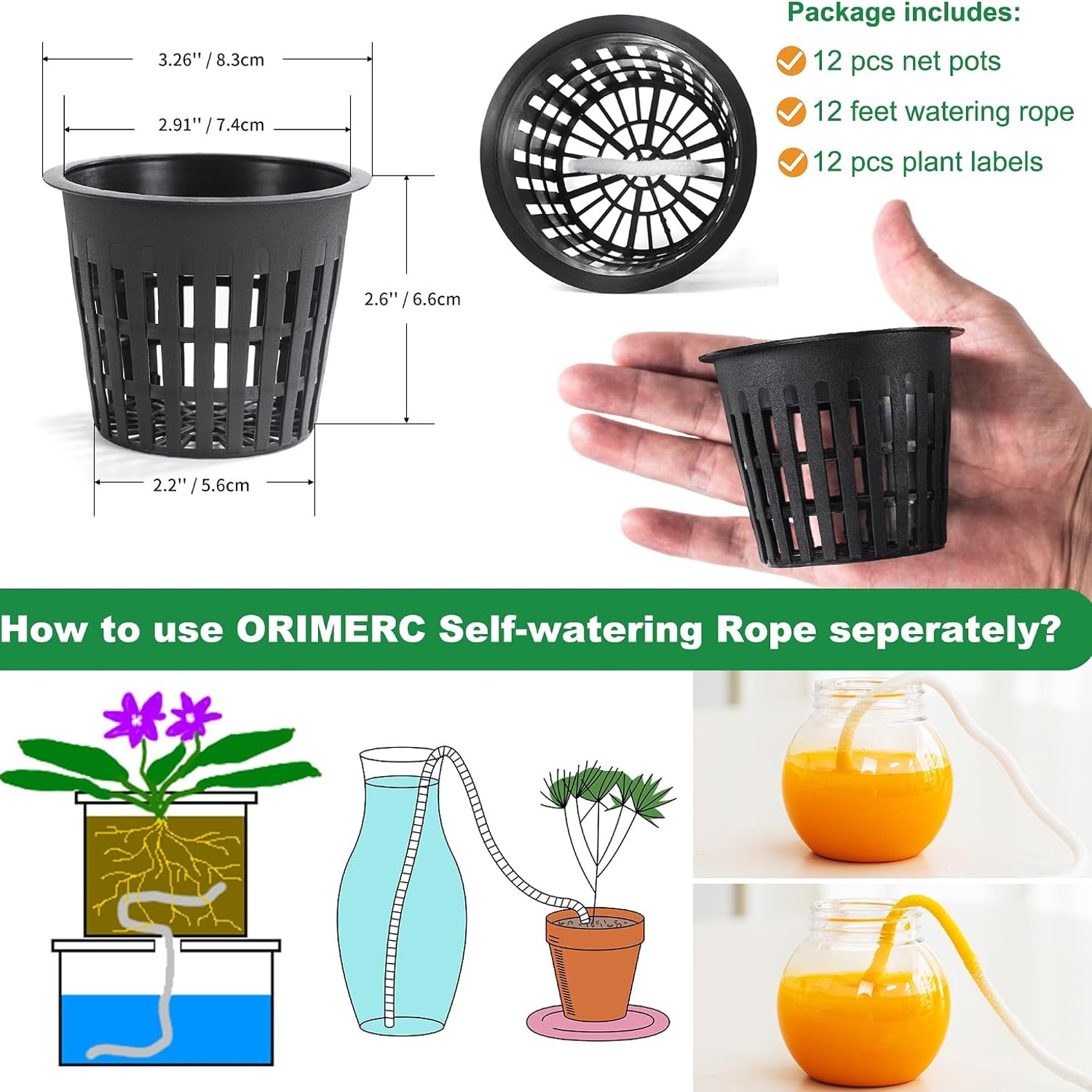 ORIMERC 3 Inch Net Cups 12 Pack with Self-Watering Wick and Plant Labels, detail view