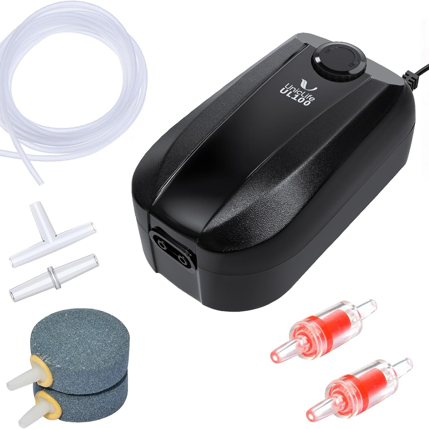 Uniclife Dual Outlet Aquarium Air Pump with Air Stones, Tubing and Check Valves, detail view