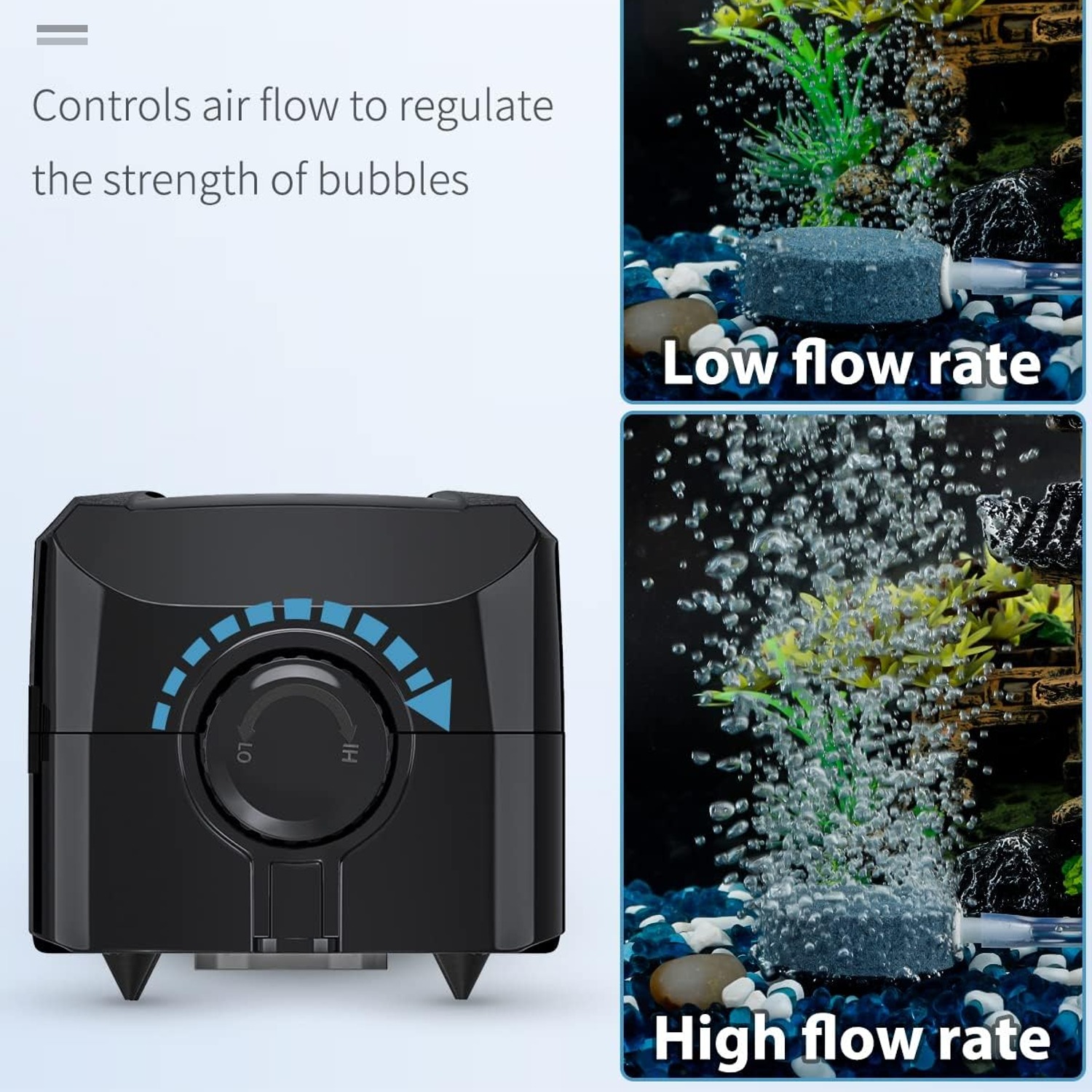Uniclife Dual Outlet Aquarium Air Pump with Air Stones, Tubing and Check Valves, detail view